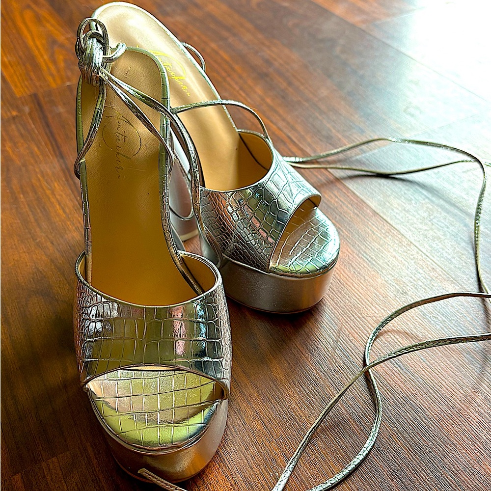Silver Platform Ankle Straps Heel In Snake Pattern
